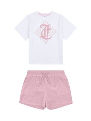 وردي - طقم للبنات من تيشِرت مُزيّن بطبعة معيّن هندسي وشورت من القطن 100% من Juicy Couture - صورة 1 من 4
