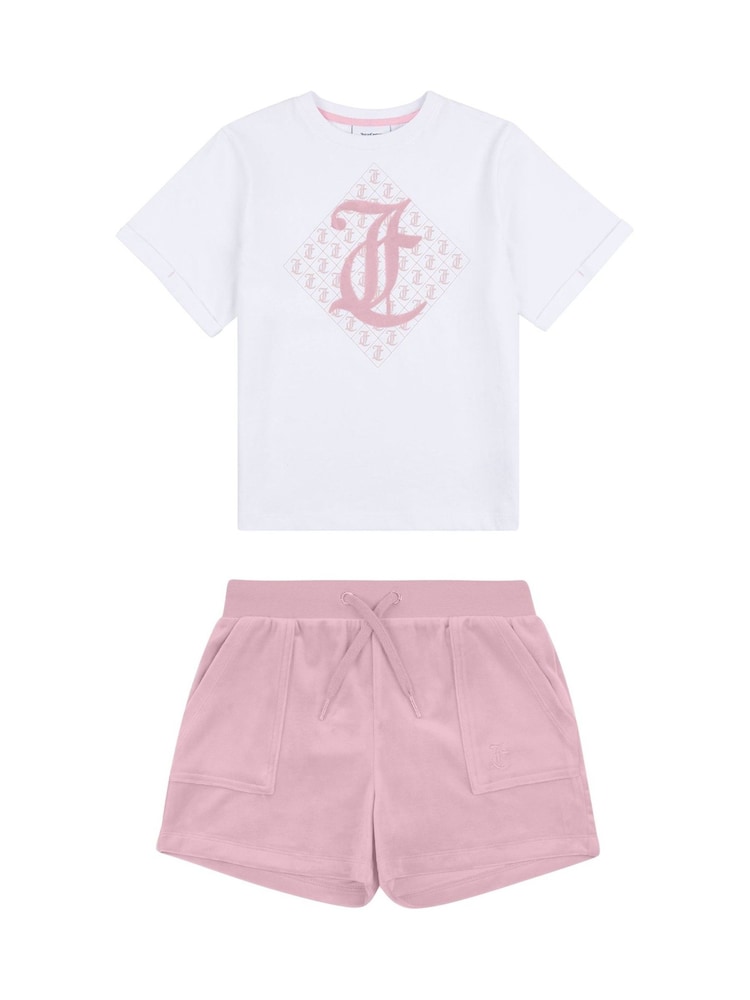 وردي - طقم للبنات من تيشِرت مُزيّن بطبعة معيّن هندسي وشورت من القطن 100% من Juicy Couture - صورة 1 من 4