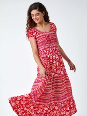 Roman Red Mixed Print Shirred Midi Dress - Image 1 of 5