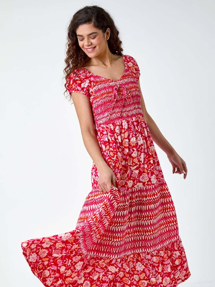 Roman Red Mixed Print Shirred Midi Dress - Image 1 of 5