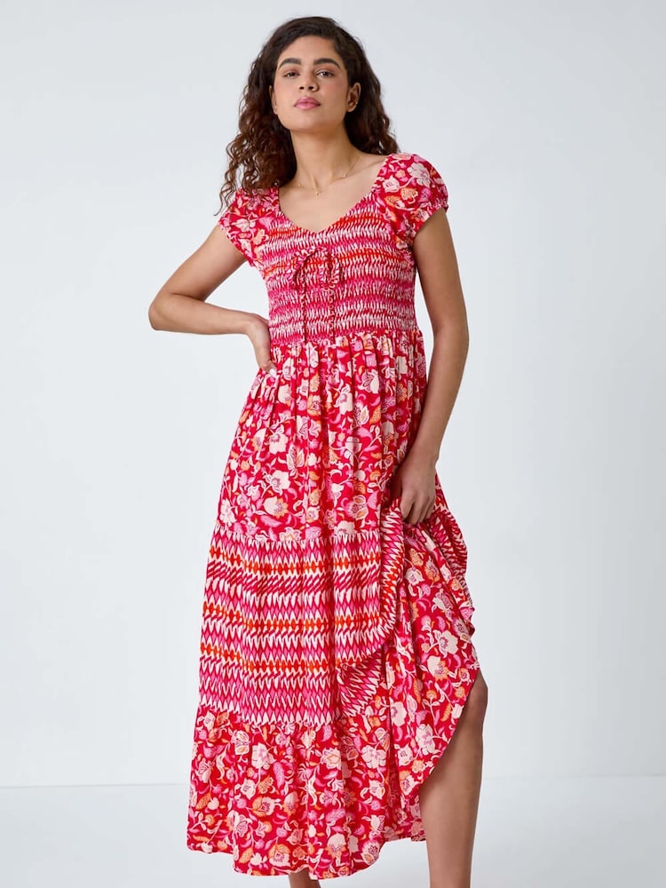 Roman Red Mixed Print Shirred Midi Dress - Image 2 of 5
