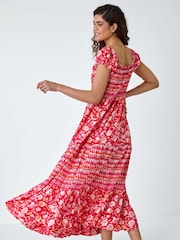 Roman Red Mixed Print Shirred Midi Dress - Image 3 of 5