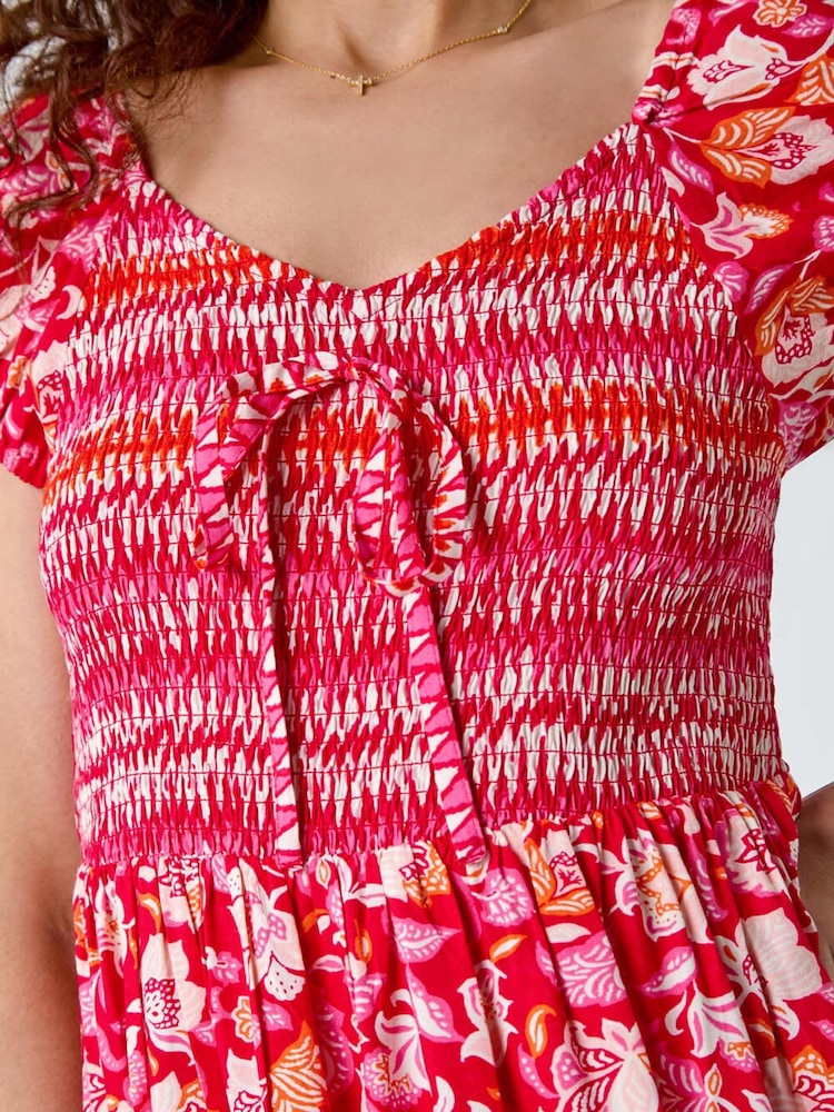 Roman Red Mixed Print Shirred Midi Dress - Image 5 of 5