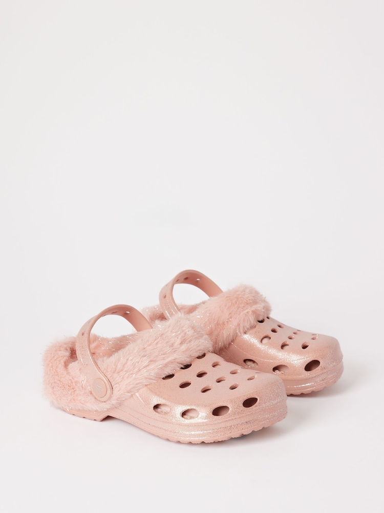 Lipsy Pink Fleece Lined Faux Fur Slip On Clog Slippers - Image 1 of 4