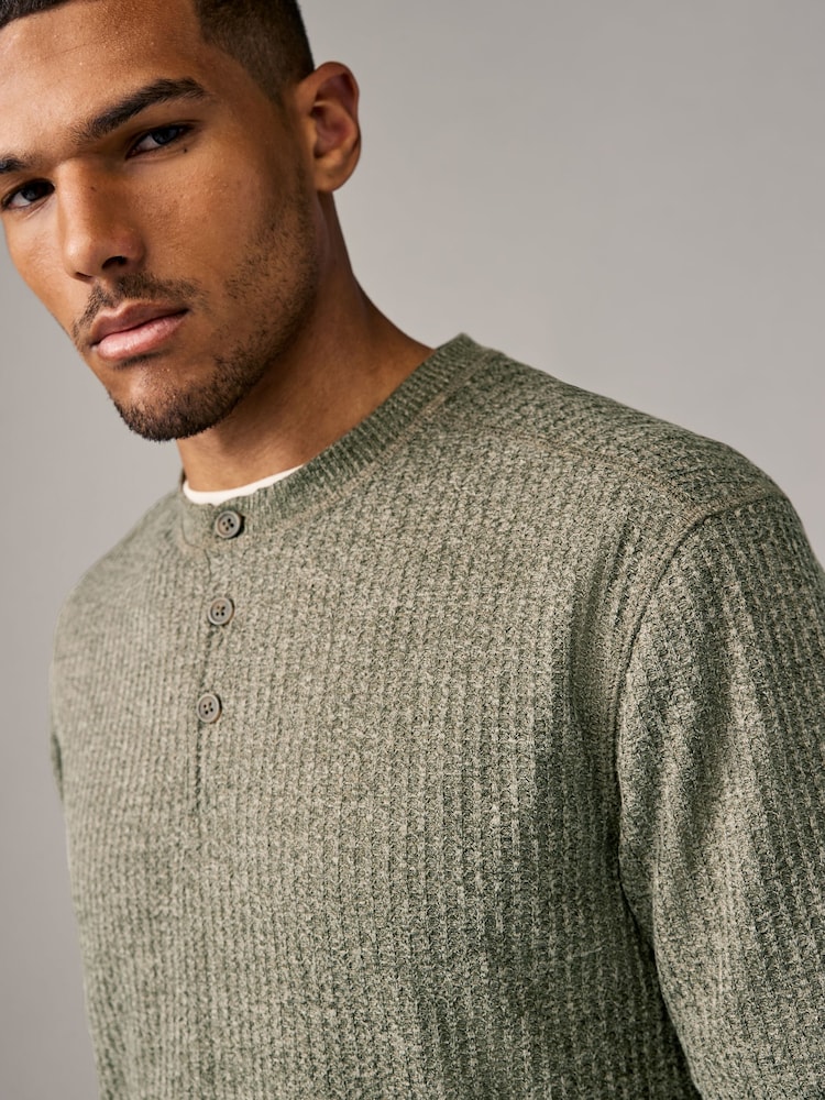 Green Waffle Textured Long Sleeve Grandad T-Shirt - Image 1 of 8