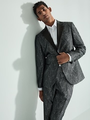 Black Slim Fit Textured Print Tuxedo Suit Jacket - Image 1 of 10
