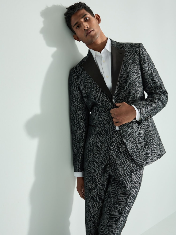 Black Slim Fit Textured Print Tuxedo Suit Jacket - Image 1 of 10