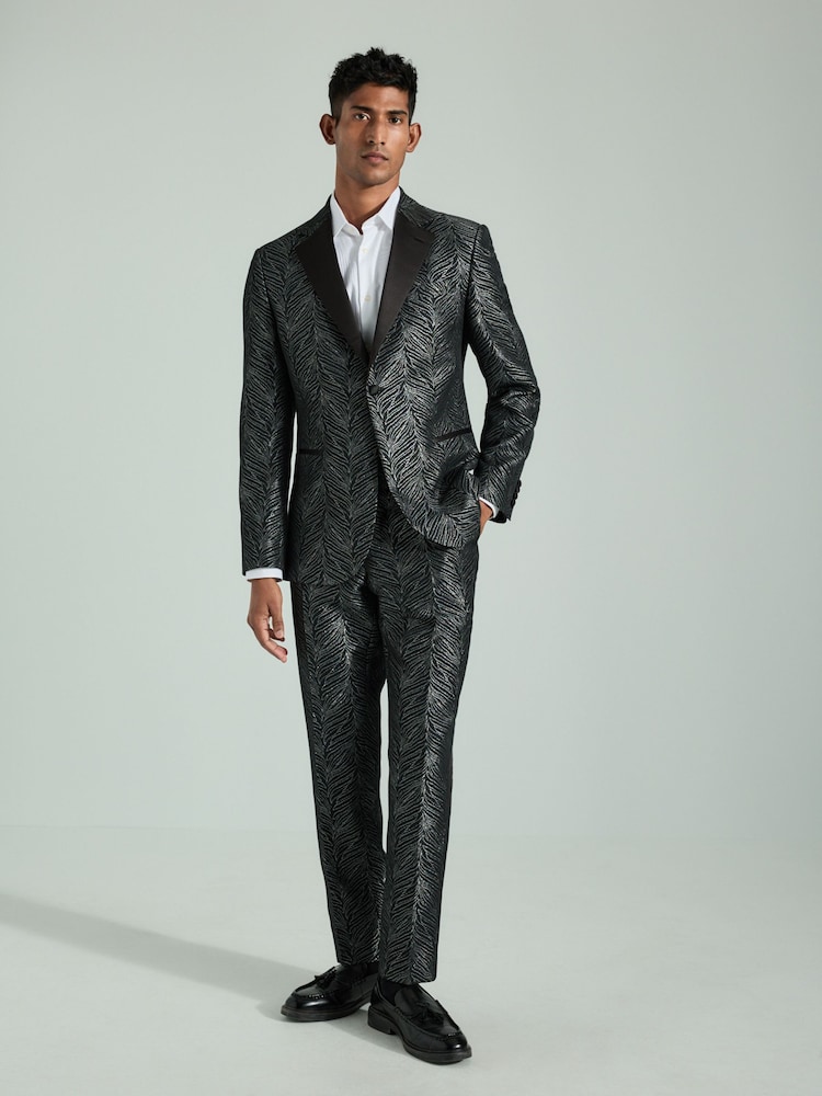 Black Slim Fit Textured Print Tuxedo Suit Jacket - Image 2 of 10