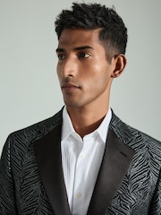 Black Slim Fit Textured Print Tuxedo Suit Jacket - Image 4 of 10