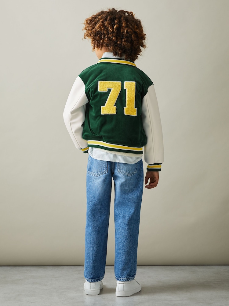 Reiss Forest Green Ward 9-13 yrs Hybrid Cord-Faux Leather Varsity Bomber Jacket - Image 1 of 5