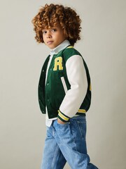 Reiss Forest Green Ward 9-13 yrs Hybrid Cord-Faux Leather Varsity Bomber Jacket - Image 4 of 5