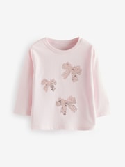 Pink 100% Cotton Long Sleeve Bow Sequin T-Shirt (9mths-7yrs) - Image 1 of 4