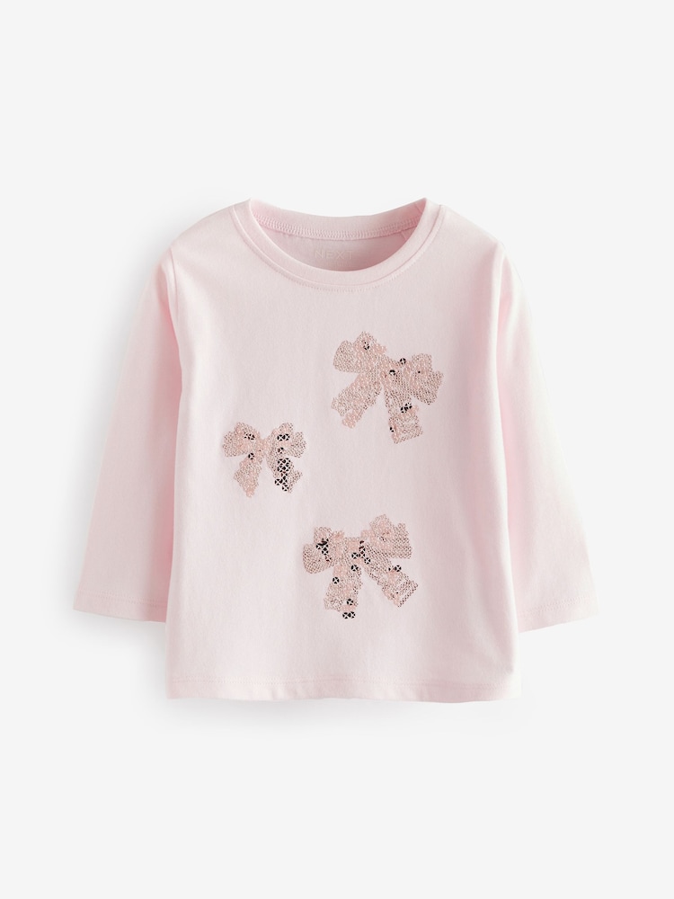 Pink 100% Cotton Long Sleeve Bow Sequin T-Shirt (9mths-7yrs) - Image 1 of 4
