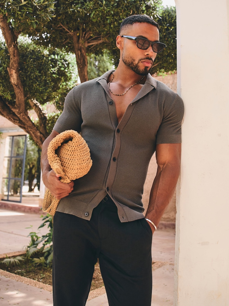 Tailored Athlete Brown Muscle Fit Fine Textured Cuban Collar Knitted Shirt - Image 1 of 6