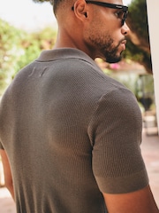 Tailored Athlete Brown Muscle Fit Fine Textured Cuban Collar Knitted Shirt - Image 2 of 6