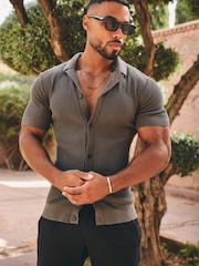 Tailored Athlete Brown Muscle Fit Fine Textured Cuban Collar Knitted Shirt - Image 4 of 6