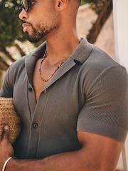 Tailored Athlete Brown Muscle Fit Fine Textured Cuban Collar Knitted Shirt - Image 5 of 6
