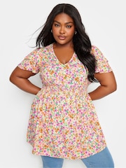 Yours Curve White Ditsy Print Flutter Sleeve Peplum Top - Image 1 of 5
