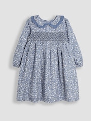 JoJo Maman Bébé Denim Ditsy Floral Broderie Collar Smocked Dress - Image 1 of 3
