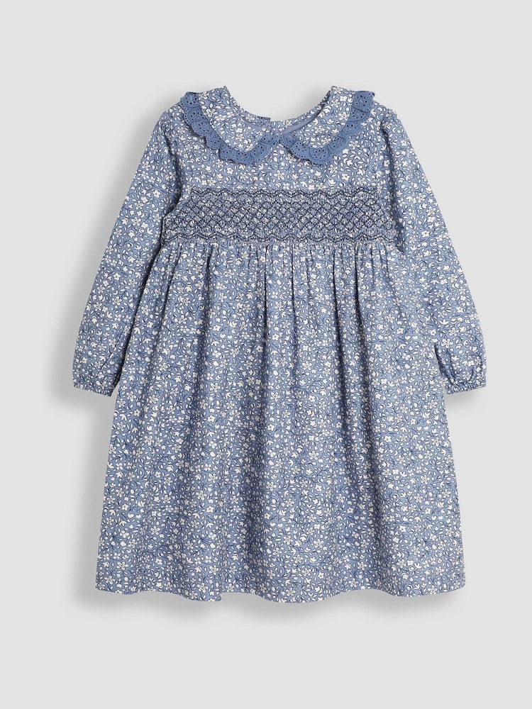 JoJo Maman Bébé Denim Ditsy Floral Broderie Collar Smocked Dress - Image 1 of 3