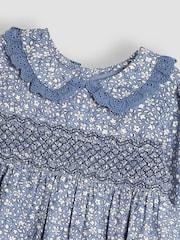 JoJo Maman Bébé Denim Ditsy Floral Broderie Collar Smocked Dress - Image 3 of 3