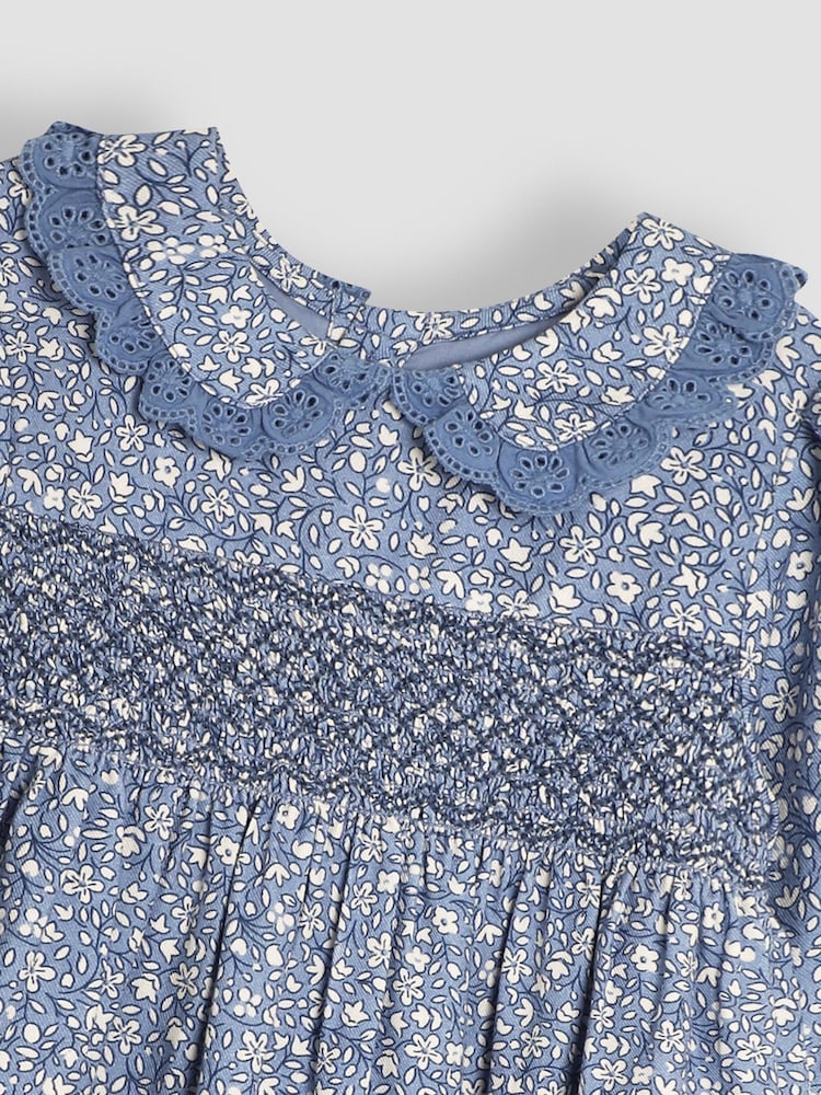 JoJo Maman Bébé Denim Ditsy Floral Broderie Collar Smocked Dress - Image 3 of 3