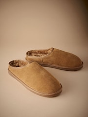Tan Brown Faux Fur Lined Signature Suede Mule Slippers - Image 1 of 4