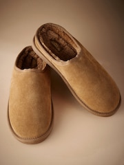 Tan Brown Faux Fur Lined Signature Suede Mule Slippers - Image 2 of 4