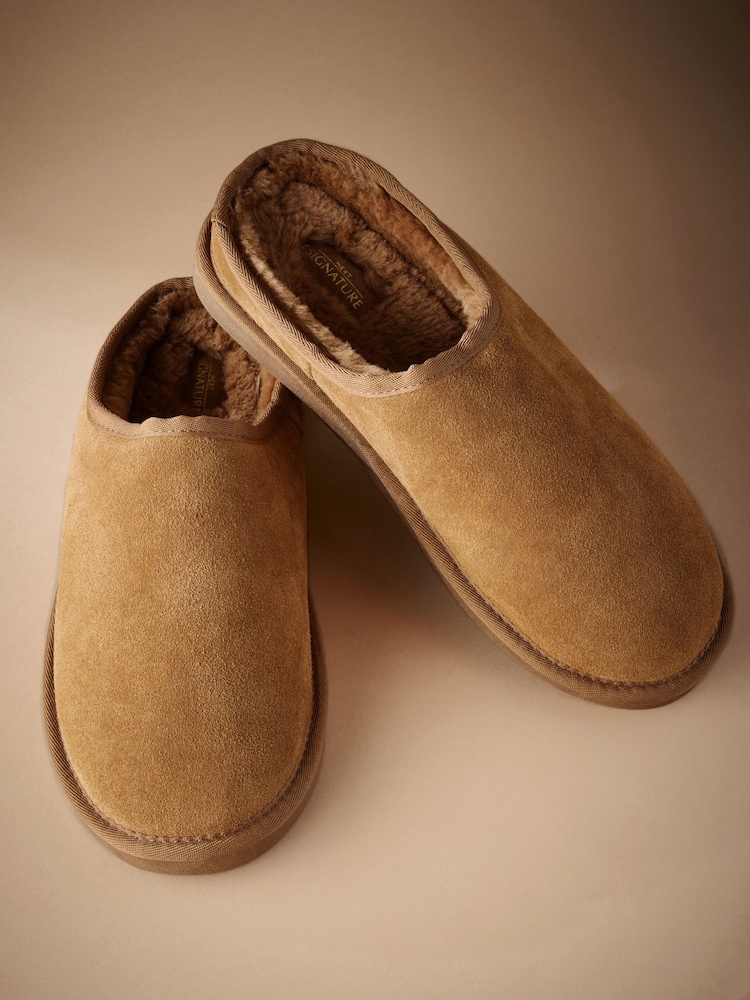 Tan Brown Faux Fur Lined Signature Suede Mule Slippers - Image 2 of 4