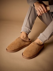 Tan Brown Faux Fur Lined Signature Suede Mule Slippers - Image 4 of 4