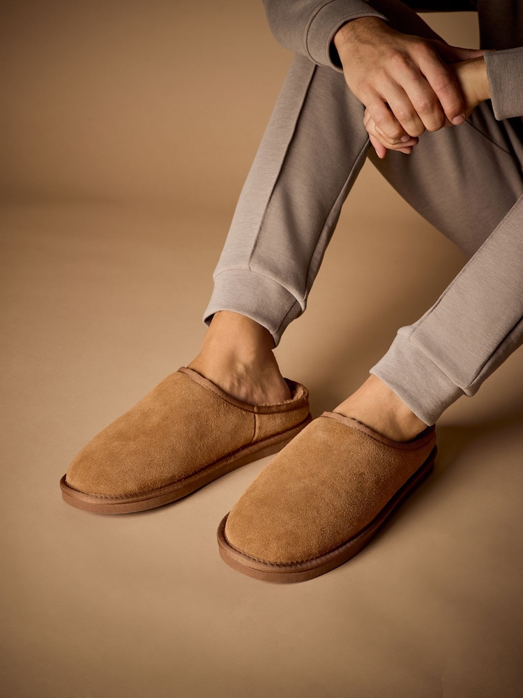 Tan Brown Faux Fur Lined Signature Suede Mule Slippers - Image 4 of 4