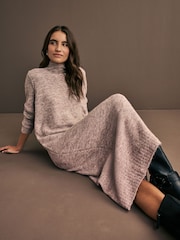 Neutral High Neck Long Sleeve Maxi Knitted Jumper Dress - Image 1 of 7