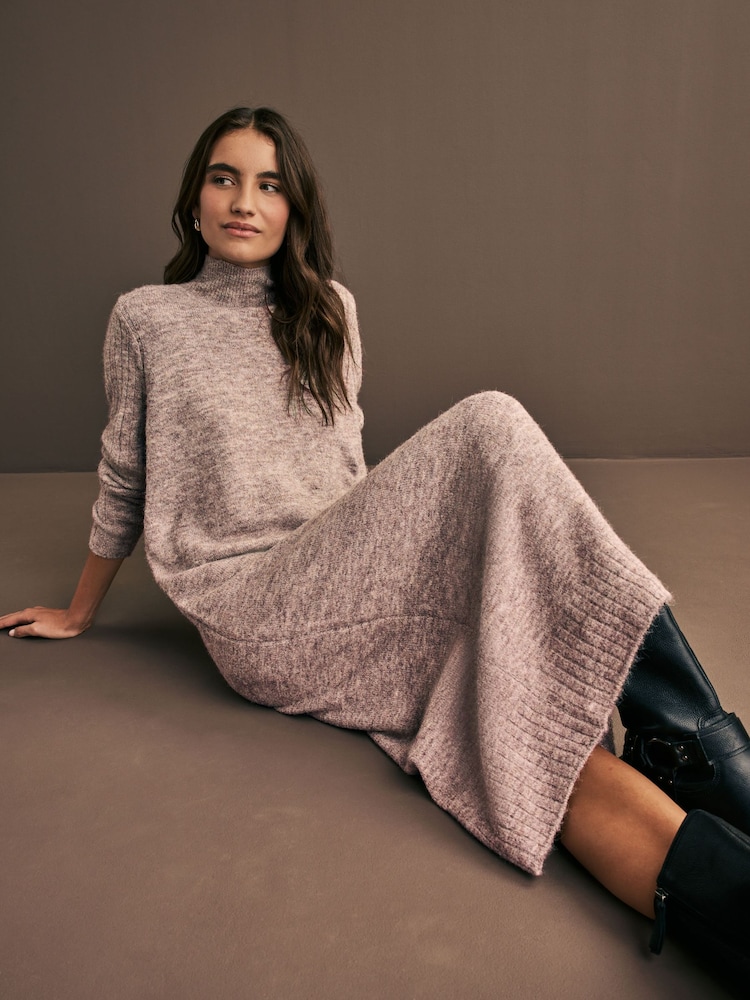 Neutral High Neck Long Sleeve Maxi Knitted Jumper Dress - Image 1 of 7