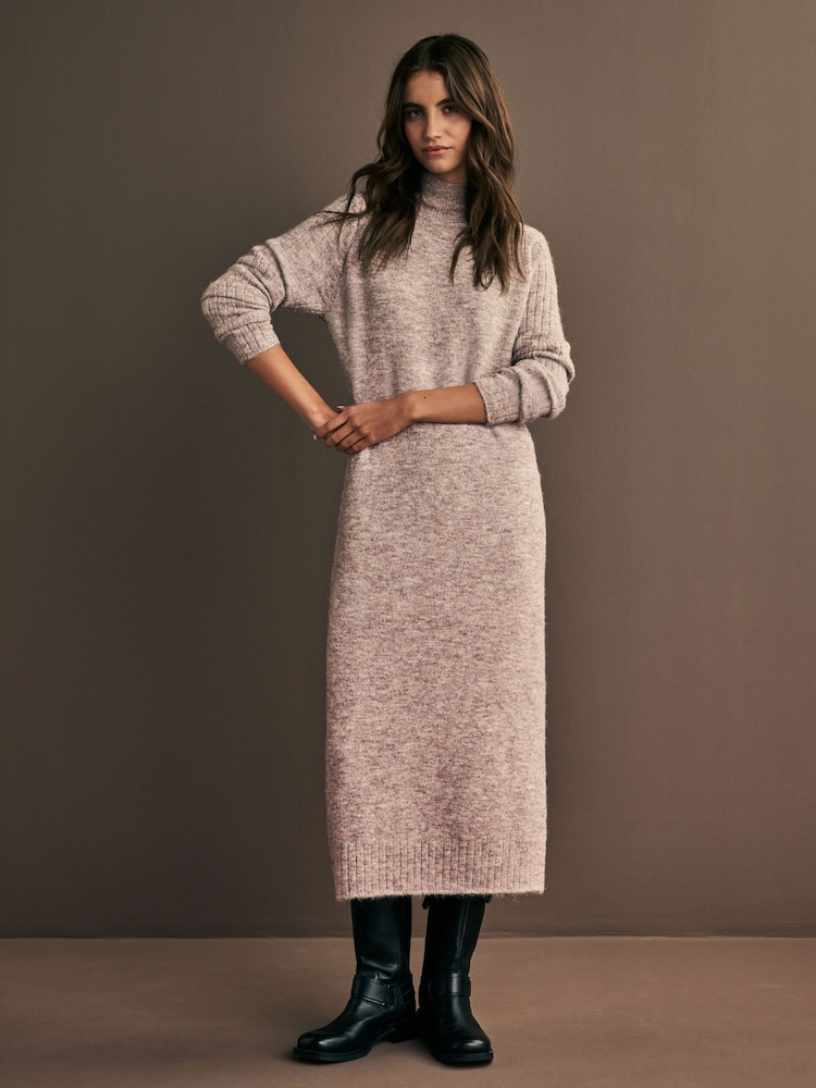 Neutral High Neck Long Sleeve Maxi Knitted Jumper Dress - Image 2 of 7