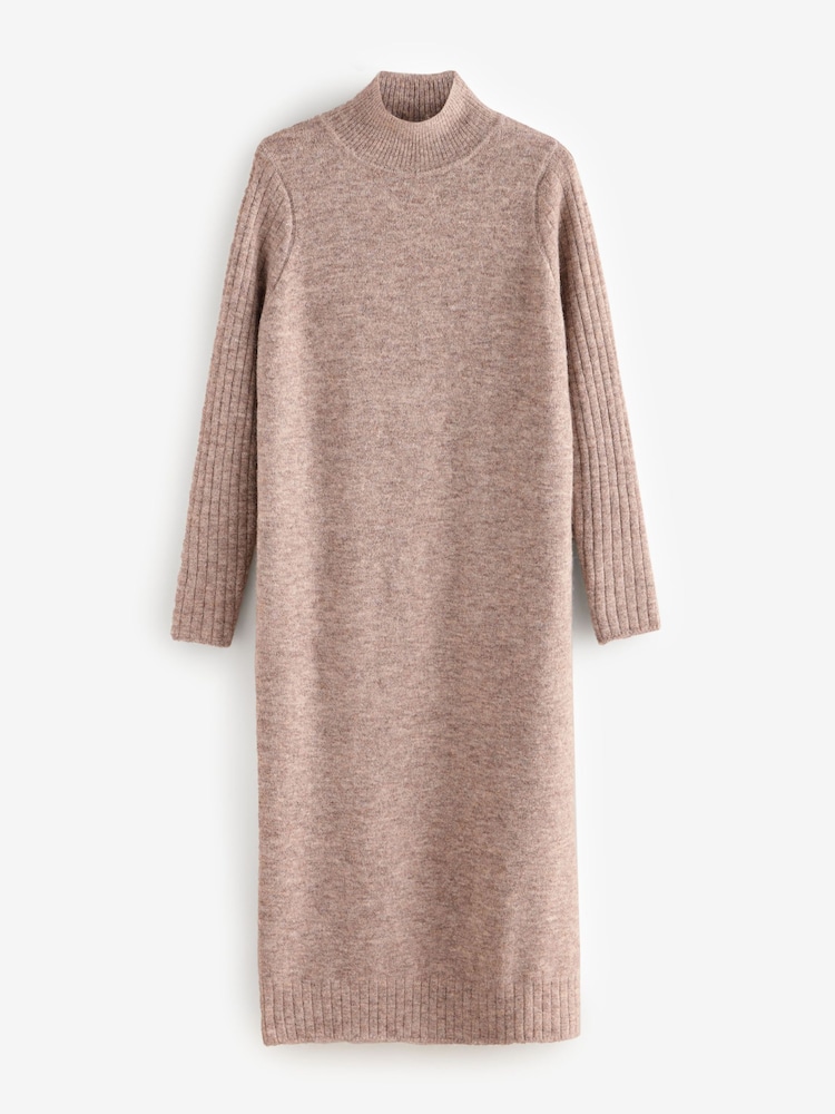 Neutral High Neck Long Sleeve Maxi Knitted Jumper Dress - Image 5 of 7
