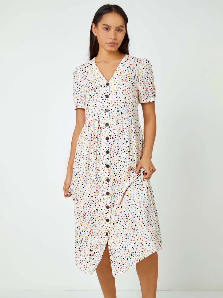 Dusk Yellow Ditsy Spot Print Button Down Dress - Image 1 of 5