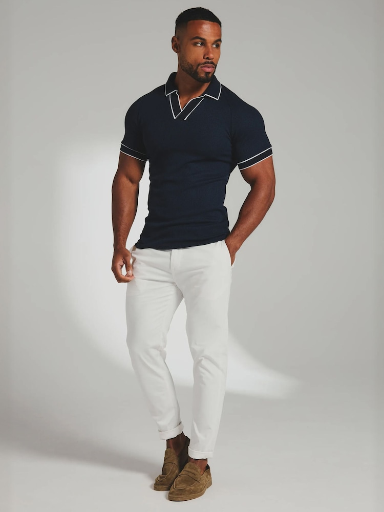 Tailored Athlete Blue Muscle Fit Tipped Textured Open Collar Polo Shirt - Image 1 of 7 Tailored Athlete Blue Muscle Fit Tipped Textured Open Collar Polo Shirt - Image 1 of 7