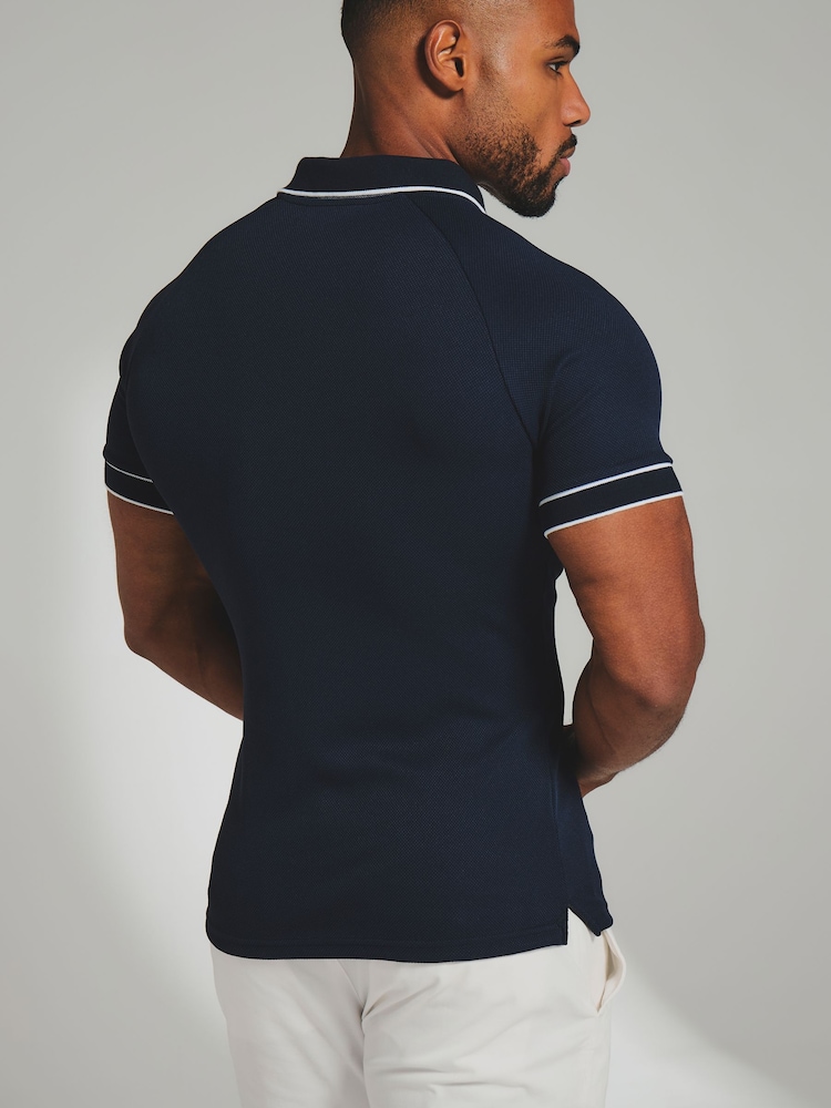 Tailored Athlete Blue Muscle Fit Tipped Textured Open Collar Polo Shirt - Image 2 of 7 Tailored Athlete Blue Muscle Fit Tipped Textured Open Collar Polo Shirt - Image 2 of 7