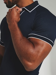 Tailored Athlete Blue Muscle Fit Tipped Textured Open Collar Polo Shirt - Image 4 of 7