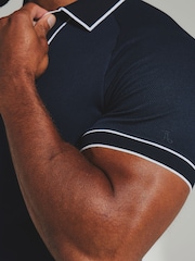 Tailored Athlete Blue Muscle Fit Tipped Textured Open Collar Polo Shirt - Image 5 of 7
