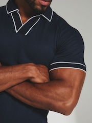 Tailored Athlete Blue Muscle Fit Tipped Textured Open Collar Polo Shirt - Image 6 of 7