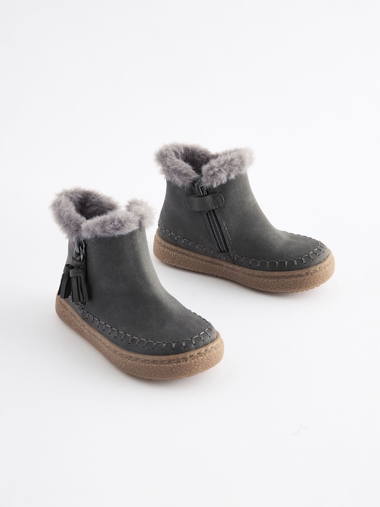 Charcoal Grey Faux Fur Lined Tassel Ankle Boots - Image 1 of 5