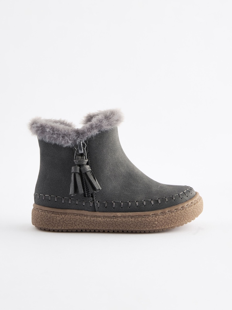 Charcoal Grey Faux Fur Lined Tassel Ankle Boots - Image 2 of 5