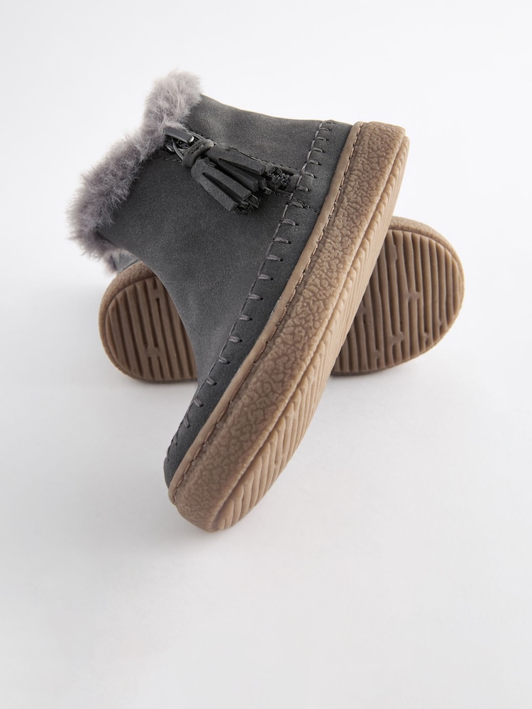 Charcoal Grey Faux Fur Lined Tassel Ankle Boots - Image 3 of 5