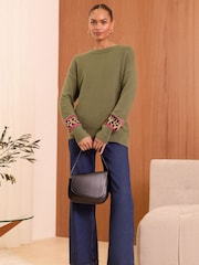 Love & Roses Khaki Green Petite Cosy Crew Neck Longline Jumper - Image 2 of 4