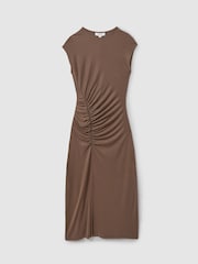 Reiss Chocolate Lenara Ruche Front Capped Sleeve Jersey Midi Dress - Image 2 of 6