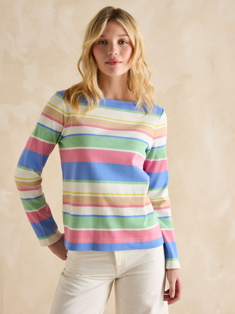 Joules Harbour Green and Pink Elevated Stripe Pastel Boat Neck Breton Top - Image 1 of 6