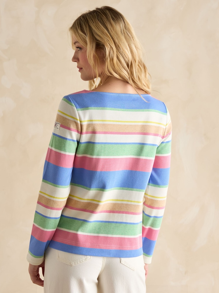 Joules Harbour Green and Pink Elevated Stripe Pastel Boat Neck Breton Top - Image 2 of 6