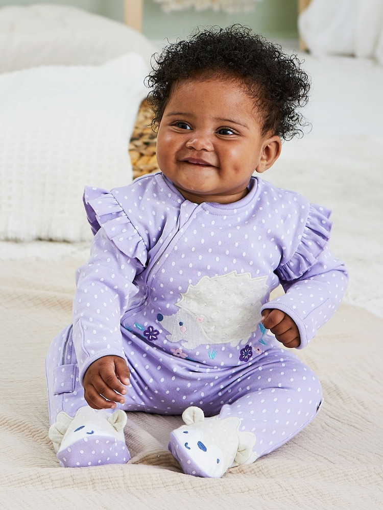 JoJo Maman Bébé Lilac Hedgehog Applique Zip Sleepsuit - Image 2 of 7