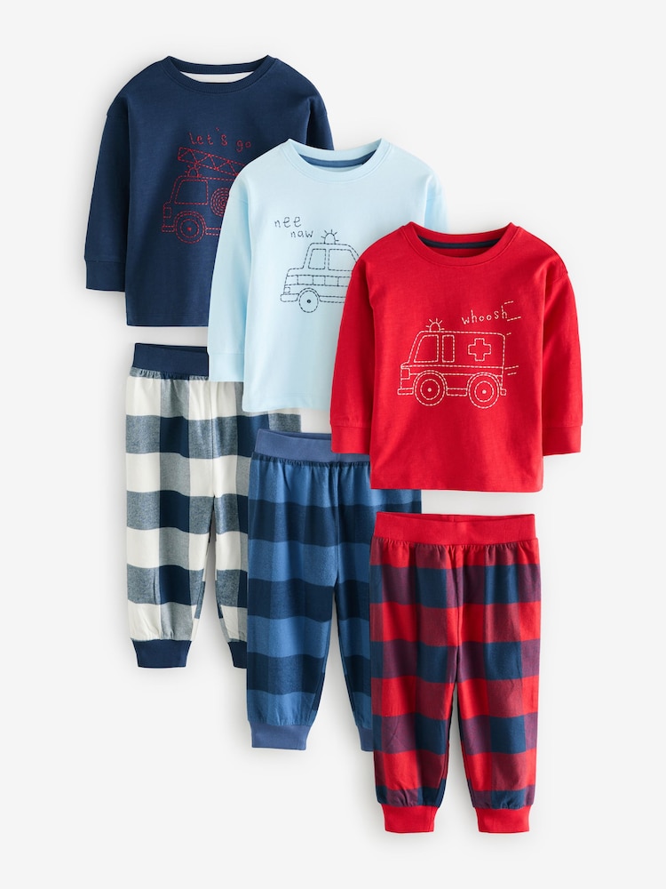 Red/Navy/Blue Vehicle Check Woven Bottom Pyjamas 3 Pack (9mths-8yrs) - Image 6 of 11